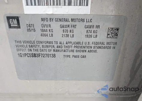 2015 Chevrolet Cruze 1Lt Auto z USA, uszkodzony, nr VIN 1G1PC5SB3F7270138